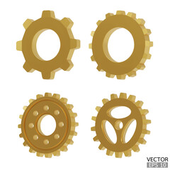 4 gold Gear icon set. Golden Transmission cogwheels and gears are isolated on white background. Yellow Machine gear, setting symbol, Repair, and optimize workflow concept. 3d vector illustration.