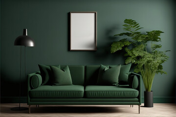 Wall mockup in dark tones with green sofa on green wall background. Generative AI