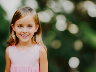 Fototapeta na wymiar Portrait of smiling young girl on green nature background. Bokeh effect. Generative AI