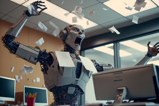 Angry Humanoid Robot In Rage: Throwing Papers And Screaming In The Office, Generative AI