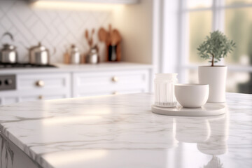 Fototapeta na wymiar White kitchen background with marble table and soft blur effect. Natural lighting daytime photograph of a white kitchen. Generative AI