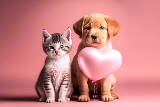 Cute dog and cat with valentine heart shape balloon on pink background. Photograph of Valentine's day card with adorable dog. Generative AI