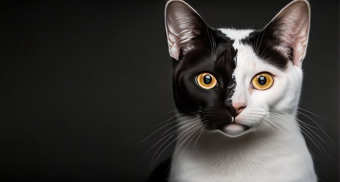 closeup short hair cat face whit  half color black and white isolate background , free space to text  by ai generative