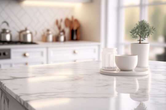 White kitchen background with marble table and soft blur effect. Natural lighting daytime photograph of a white kitchen. Generative AI