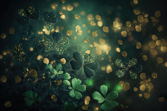 St. Patrick's Day backdrop. Beautiful background with shining clover leaves and golden bokeh. Generative AI