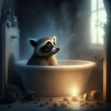 happy raccoon in a bathtub. Generative AI