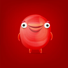 Vector cartoon funny red christmas monster isolated on red background. Smiling silly red monster print sticker design template. Cute Ghost, troll, gremlin, goblin, devil and halloween monster