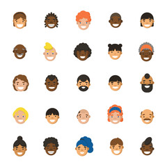 Diverse people avatar icon set. Human faces. Vector flat illustration.