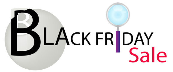 Magnifying Glass Searching Cheap Product on Black Friday Best Buy Deal, Sign for Start Christmas Shopping Season.
