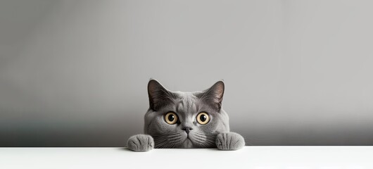beautiful funny grey British cat peeking out from behind a white table with copy space, space for text by ai generative - obrazy, fototapety, plakaty