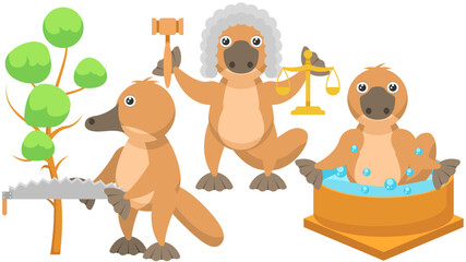 Set Abstract Collection Flat Cartoon Different Animal Platypus Duckbill  Judge With Scales And Gavel, Enjoying In The Jacuzzi, Sawing A Tree Vector Elements Fauna Wildlife