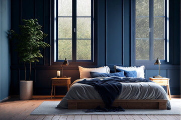 Illustration of modern style interior, bedroom with dark blue wall, created with Generative AI technology.