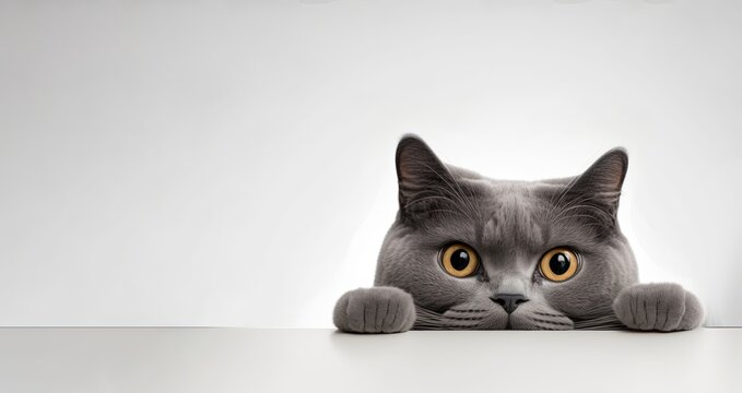 beautiful funny grey British cat peeking out from behind a white table with copy space, space for text by ai generative