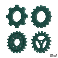 4 green Gear icon set. Golden Transmission cogwheels and gears are isolated on white background. Yellow Machine gear, setting symbol, Repair, and optimize workflow concept. 3d vector illustration.