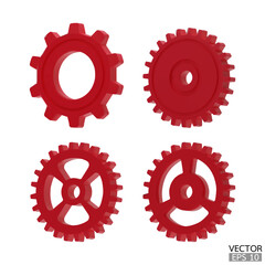 4 red Gear icon set. Golden Transmission cogwheels and gears are isolated on white background. Yellow Machine gear, setting symbol, Repair, and optimize workflow concept. 3d vector illustration.
