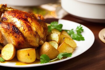 High-Resolution Image of a Mouth-Watering Roasted Chicken with Potatoes, Perfect for Adding a Delicious Element to any Design Project