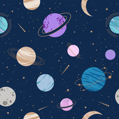 Hand drawn vector seamless pattern with Astrology and Space elements. Esoteric mystery magic background for textiles, banner, wrapping paper and other designs.