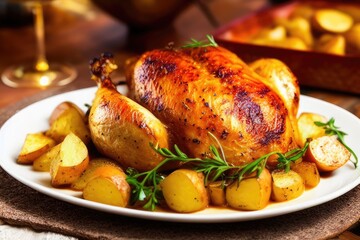 High-Resolution Image of a Mouth-Watering Roasted Chicken with Potatoes, Perfect for Adding a Delicious Element to any Design Project