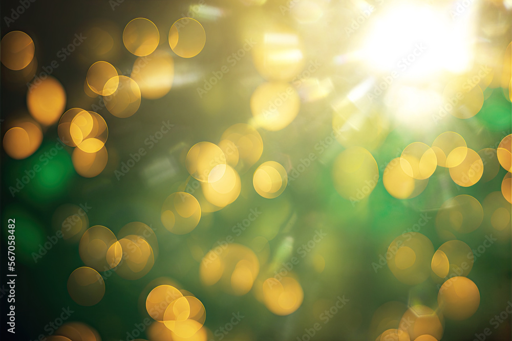 Poster defocused glitter green gold bokeh abstract background with bokeh lights vintage lights background.for celebration background