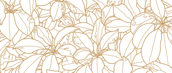 Fototapeta premium Luxury line art nature background vector design. Gold and white color pattern design for wallpaper, fabric and packaging.