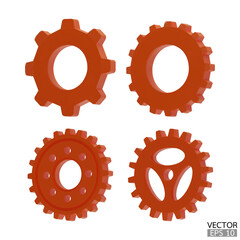 4 red Gear icon set. Golden Transmission cogwheels and gears are isolated on white background. Yellow Machine gear, setting symbol, Repair, and optimize workflow concept. 3d vector illustration.