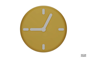 Pastel yellow watch isolated on white background. 3D Round clock icon. Cartoon minimal style.Time-keeping, measurement of time, and time management. Clock icon logo, app UI. 3D Vector illustration.