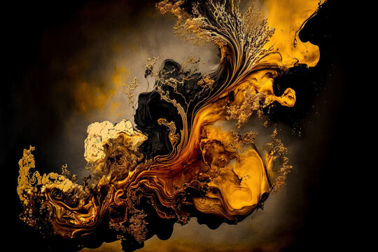 Elegant, Rich Colors And Flowing Patterns: Generative AI Of Alcohol Ink Black And Gold Color Splash