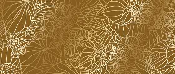 Luxury line art nature background vector design. Gold and brown color pattern design for wallpaper, fabric and packaging.