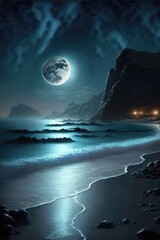Moon over the lagoon and village lights. Night scene. Generative ai.