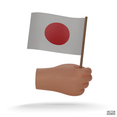 Hand holding Japan flag isolated on white background. Japan National Day. Japanese flag in hand. 3D vector illustration.