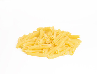 An image isolated close-up heap a raw pasta the italian food healthy on the white background with clipping path.
