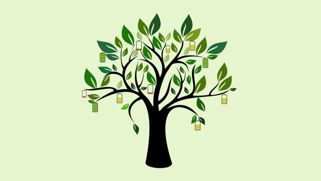 Nature and Renewable Energy, charging symbol on tree, charging tree vector Fruit tree illustration isolated on green background