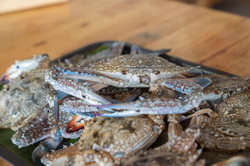 Wood Plate with a deliciouse raw seafood crabs, ready to grill or cook