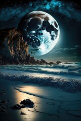 Huge moon overlooking the beach. Magical night scene. Generative ai. 