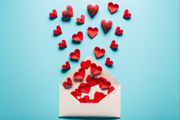 Many of Red Heart Pop-up from White Envelope, Valentines Card Concept, Top View on Blue Blackground