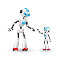 Large robot talking to small one. Vector illustration isolated on white background