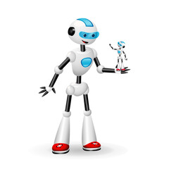 Big robot holding tiny robot self similar. Vector illustration isolated on white background