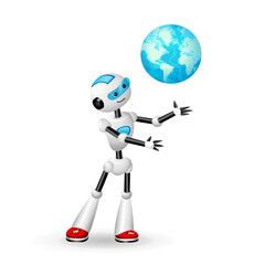 Cute Robot holding Earth Globe in its hands. Vector illustration isolated on white background