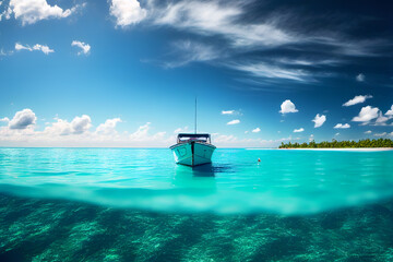 Obraz premium Tropical Island in the Turquoise Ocean - Boat Sailing Through Blue Sky and White Clouds 2. Generative AI.