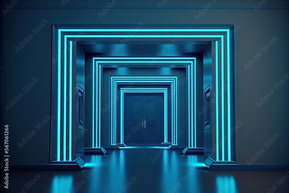 Poster blue abstract room with blue neon lights. backdrop of futuristic architecture. create a mockup of yo