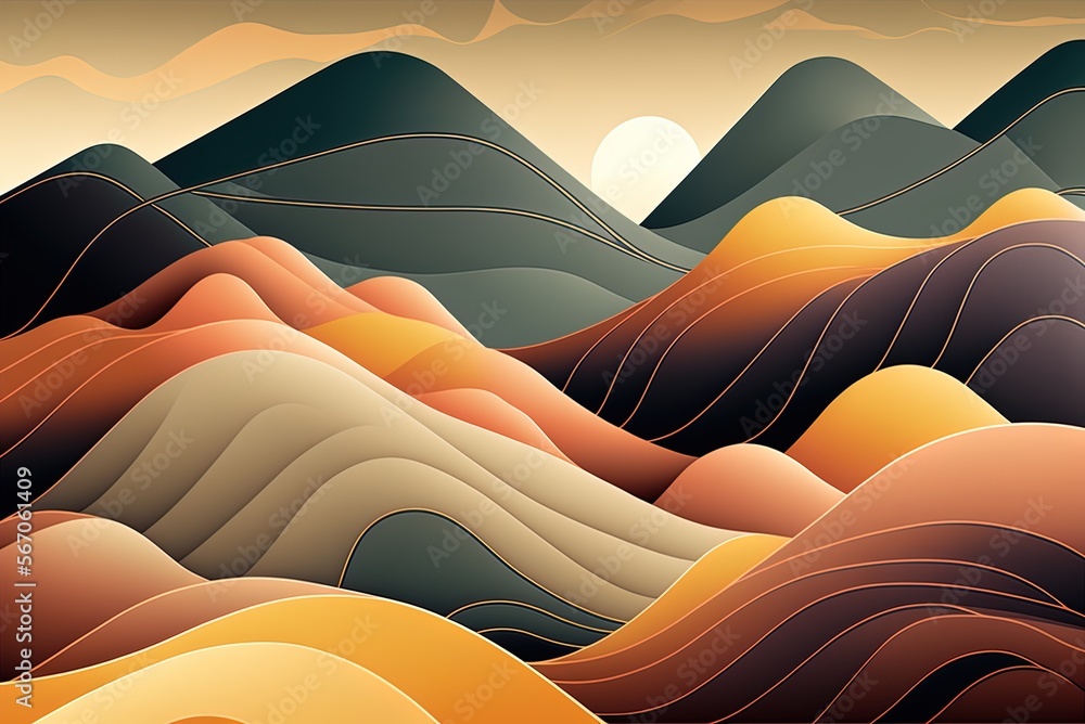 Poster line-drawn mountains and hills make into an abstract landscape generative ai