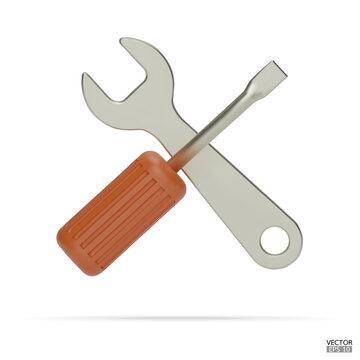 3d realistic orange wrench and screwdriver icon set isolated on white background. Repair icon, Hand tools icon 3d render illustration.