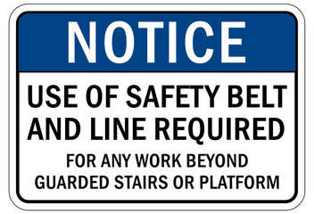Safety harness, belt and lifeline sign and labels use safety belt and line required for an work beyond guarded stairs or platform