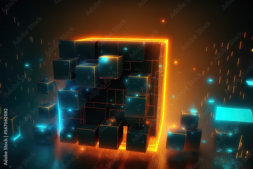 Poster advertisement neon signboard with an abstract cybercube type glow, with a focus on the future and th