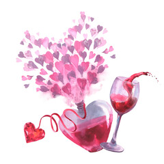 Watercolor love potion elixir in heart shaped bottle with crystal on ribbon and glass wine illustration on pink watercolor background with splatter.
