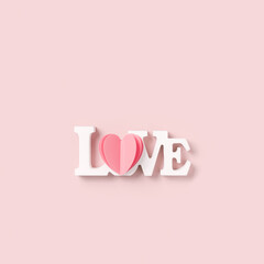 Pink heart and word love, happy Valentines Day, love or wedding day, holiday concept. Cut  paper heart and white wooden text love on pastel pink background, minimal aesthetic valentine card