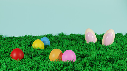 Fototapeta na wymiar Rabbit and easter eggs on green grass