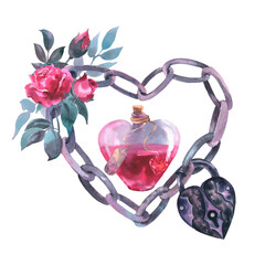 Watercolor illustration hand drawn grey heart shaped chain with flowers, lock and elixir in heart shaped bottle with tag.
