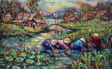 Art painting Oil color Hut Thailand Countryside , hand fishing