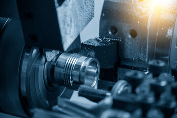 The multi-tasking CNC lathe machine swiss type thread cutting the metal pipe parts. - obrazy, fototapety, plakaty